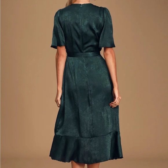 Lulus Wrapped Up in Love dark green faux wrap belted lined midi Dress, size XXS - Picture 2 of 16